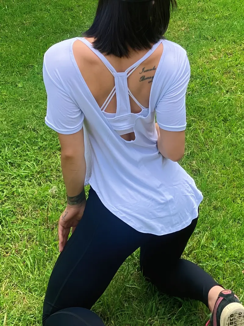 Long Hem Sports T-shirts, Sexy Cut Out Backless Lace Up Sports Bras Running  Fitness Top, Women's Activewear