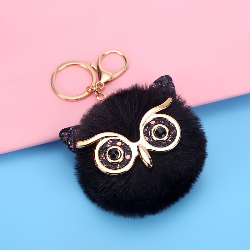 Plush Owl Keychain Faux Rabbit Fur Ball Bag Charm Fur Car Pendant