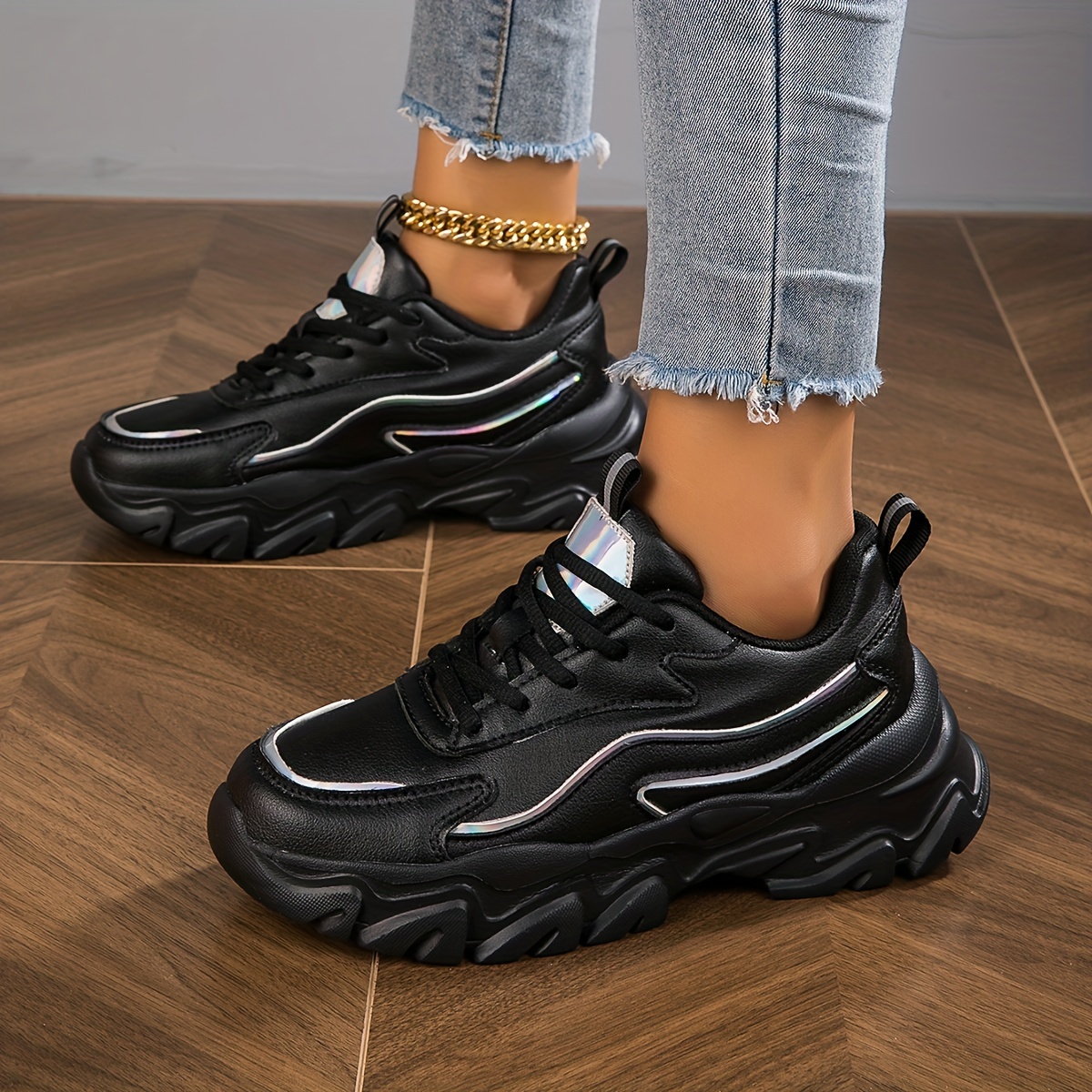 Deportivas Negras Mujer Zapatos de Mujer Zapatos de Cuero de Moda Que  Combinan con Todo Zapatos Casuales de tamaño con Cordones Zapatillas de  Deporte Casuales Planas : : Moda