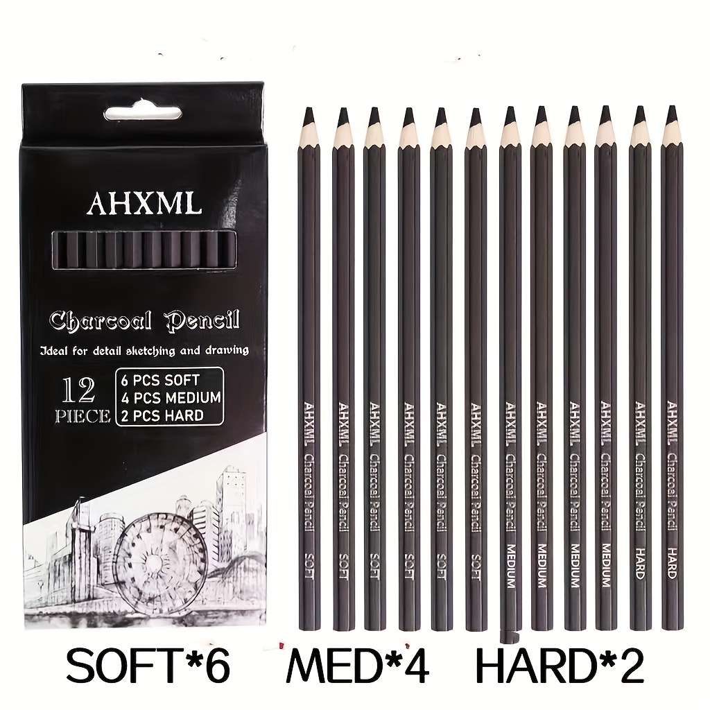 6Pcs White Charcoal Pencil Drawing Set Soft & Medium Sketching