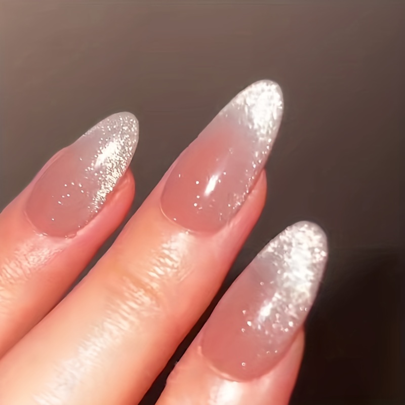 Glossy Medium Almond Fake Nails Glitter Cat Eye Press - Temu