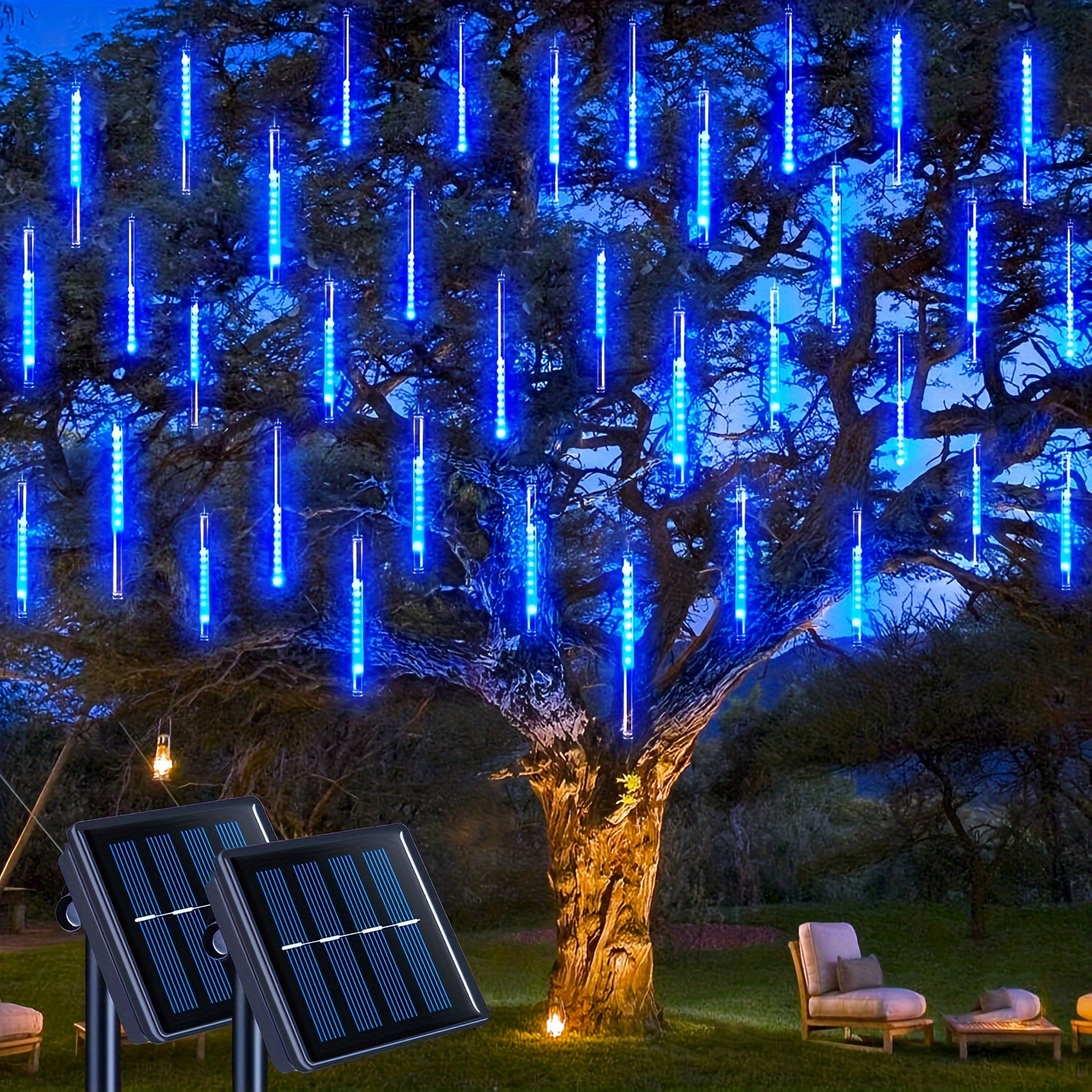 

1set Solar Meteor Rain Lights - 144 Led Icicle Drop Lights For Outdoor Christmas Tree Decoration - Waterproof Solar Patio Fairy Lights
