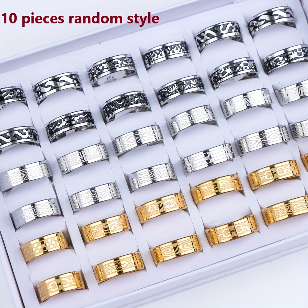 TEMU 10pcs Fashion Retro 3 Color Stainless Steel Rings, Mixed Styles Ring For Men, Jewelry Party Gifts