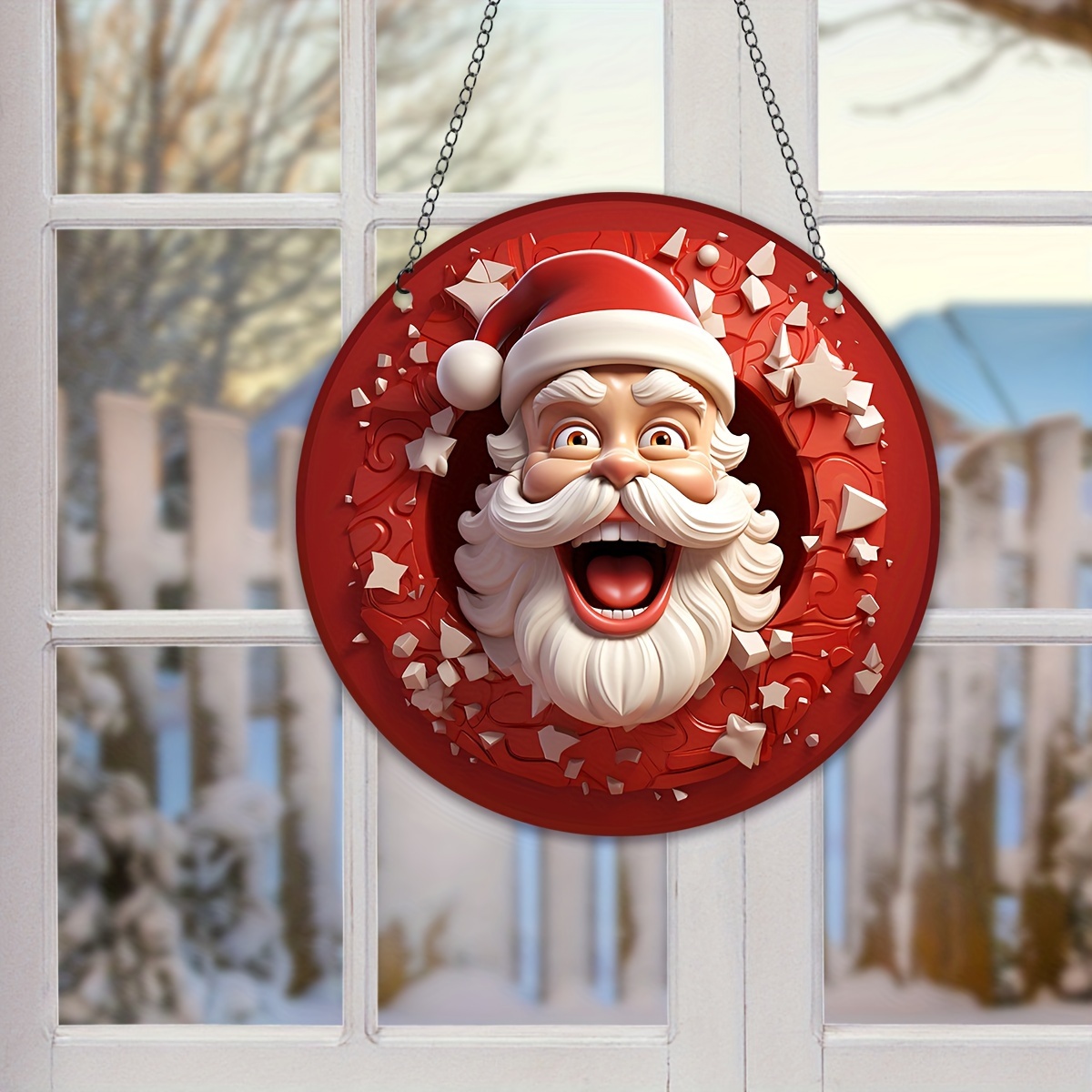 1PC 2Dサンタステンドグラス窓掛け飾り、クリスマスサンキャッチャー