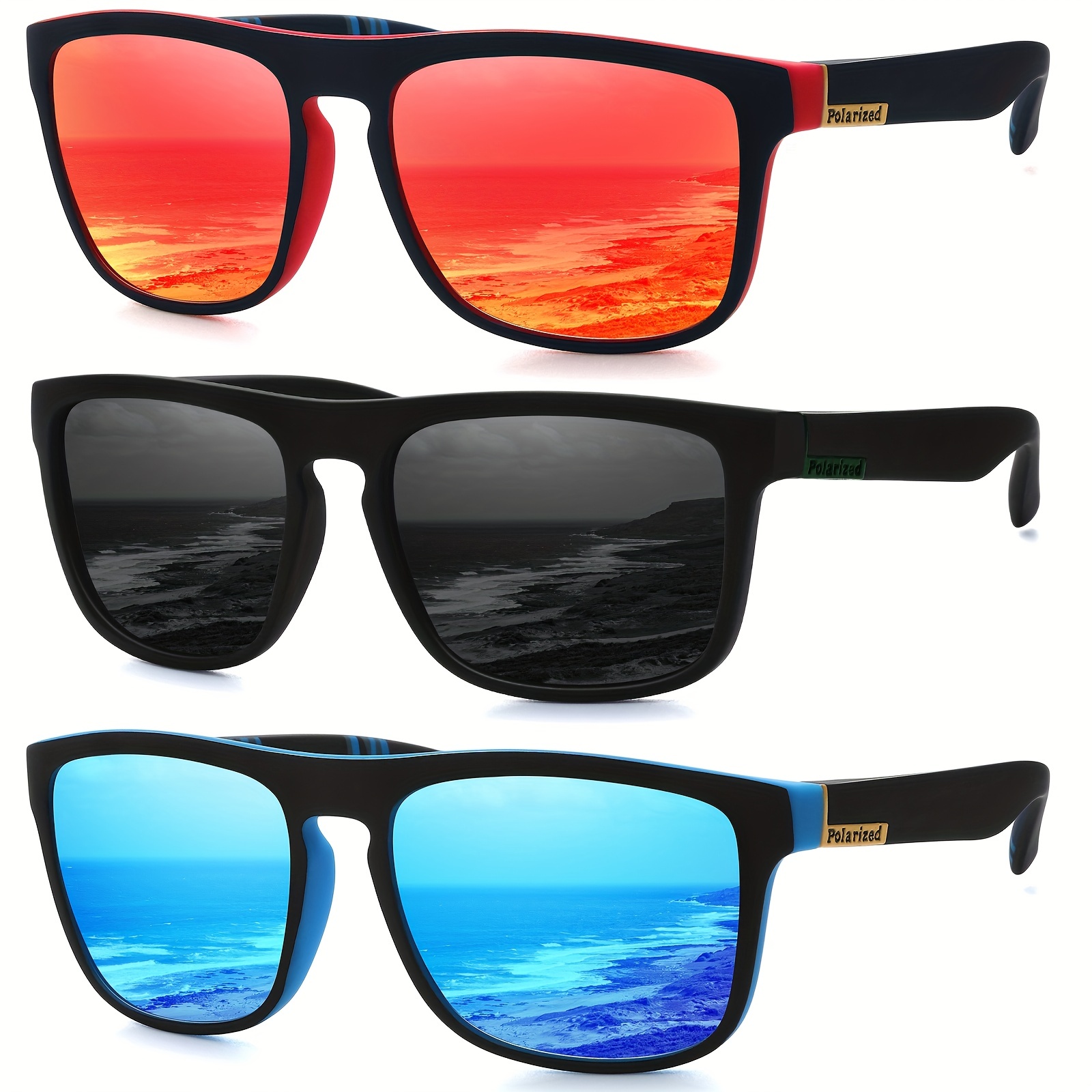 3pcs Mens Polarized Sunglasses Unisex Light Frame Pilot Lenses