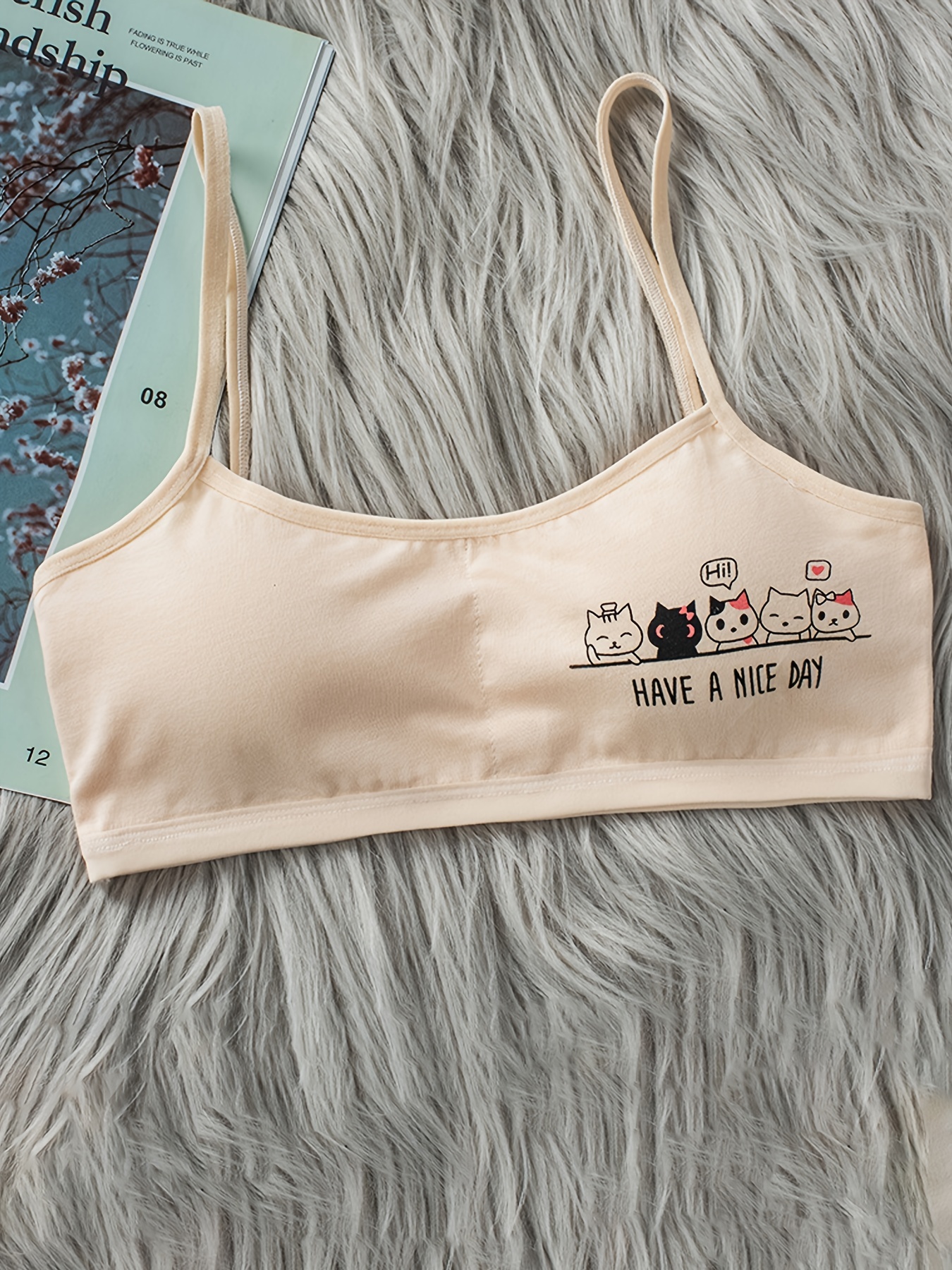 4pcs Girls Bra Cute Cat Print Stretchy Bralette Underwear