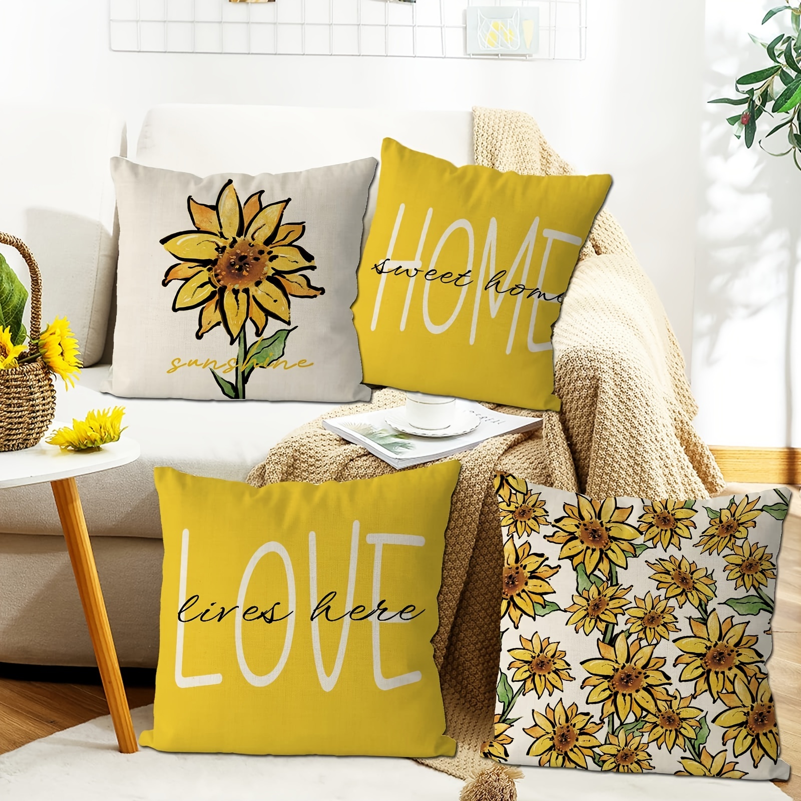 4pcs Sunflower Linen Cushion Covers, Yellow Printed Decorative Pillowcase  For Sofa, Living Room, Home Decor, 18x18 Inches (pillow Inserts Not  Included)