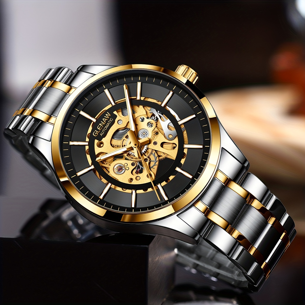 男性用自動巻き時計、男性用防水時計、ステンレススチールストラップ、スケルトン自動巻き機械式時計、ラインストーンダイヤル腕時計、ギフトに最適。