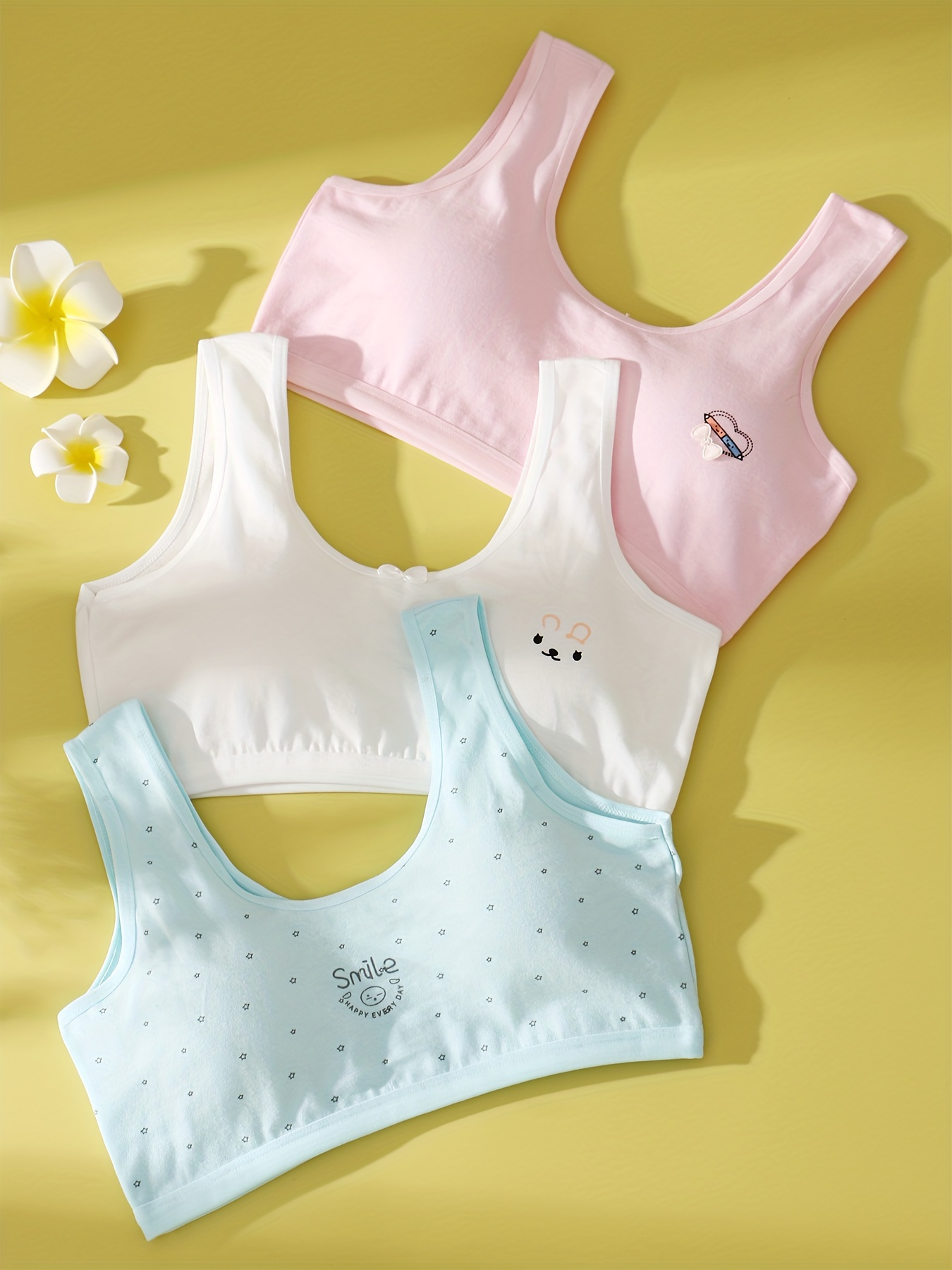3pcs Teen Girls Vest Period Underwear Big Girl 95% Cotton Strap Bra With  Chest Pad To Prevent Convex Points All Seasons 8-10-13-15 Years