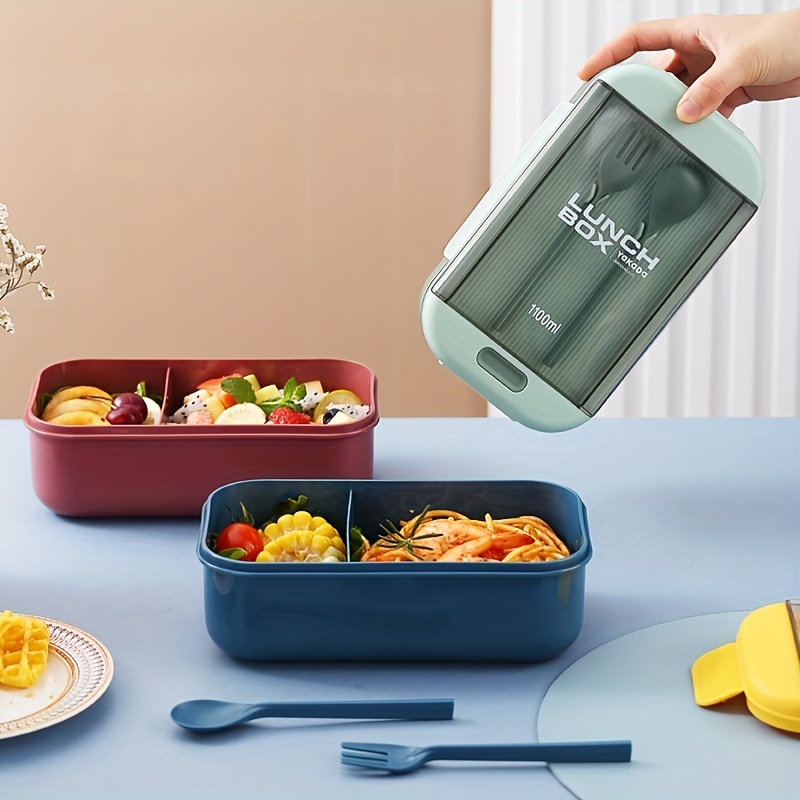 Rectangular Compartmented Lunch Box w/ Chopsticks & Spoons Food Container