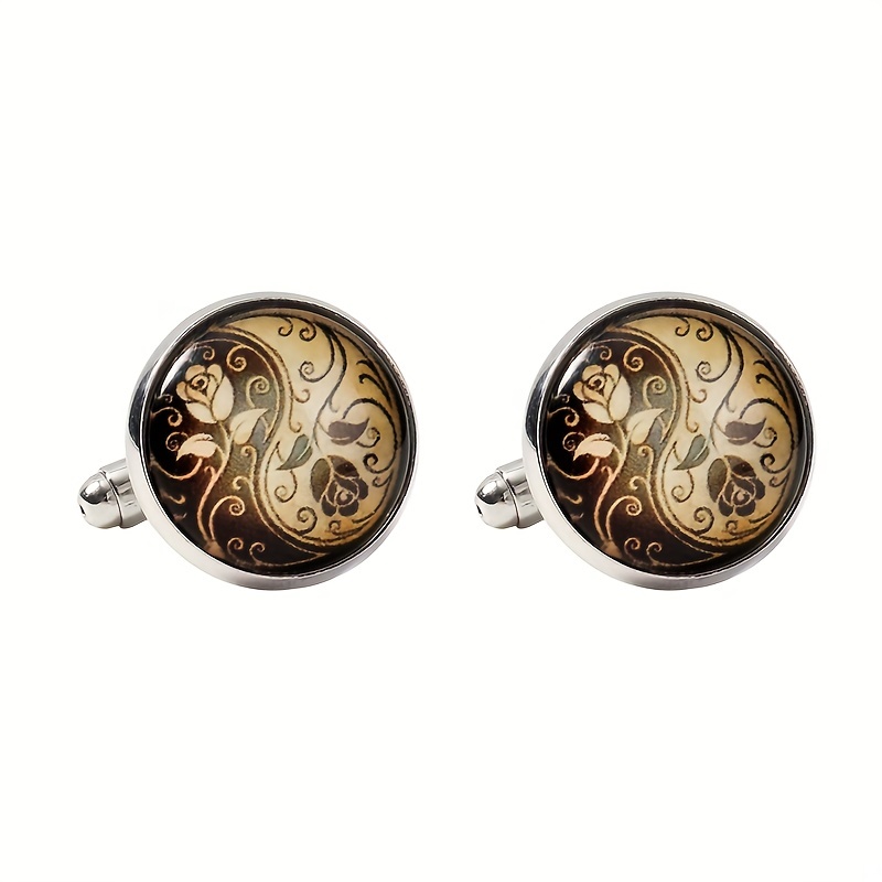 Round Engraved Rose Pattern Cufflinks for Women and Men