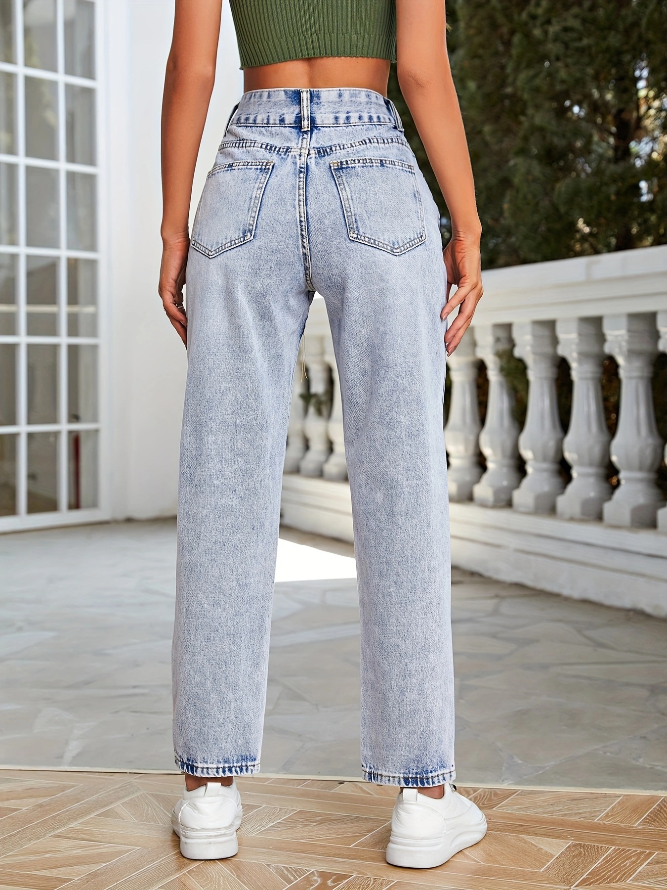 Double Button High Mom Jeans Light Washed Blue Slash - Temu Canada
