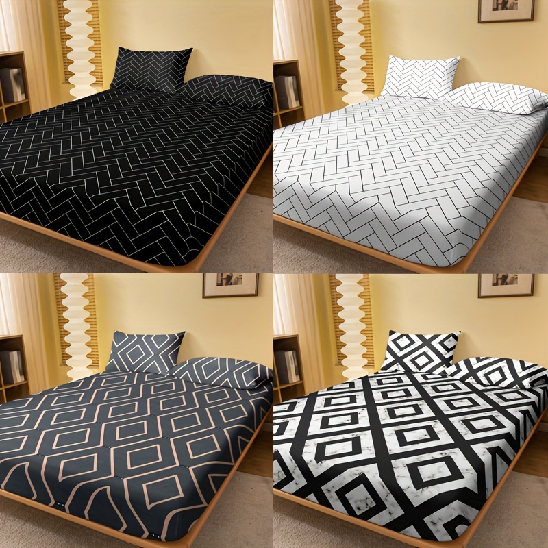 

1pc Brushed Polyester Fitted Sheet (without Pillowcase), Soft Comfortable Geometric Pattern Bedding Fitted Sheet, For Bedroom, Guest Room, With Deep Pocket, Fitted Bed Sheet Only