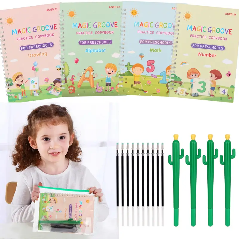 Magic Grooved Practice Copybook 5 Pack With Pens, Groove Reusable Magical  Handwriting Workbooks, Tracing Letters Numbers, Math, Kindergarten Sight