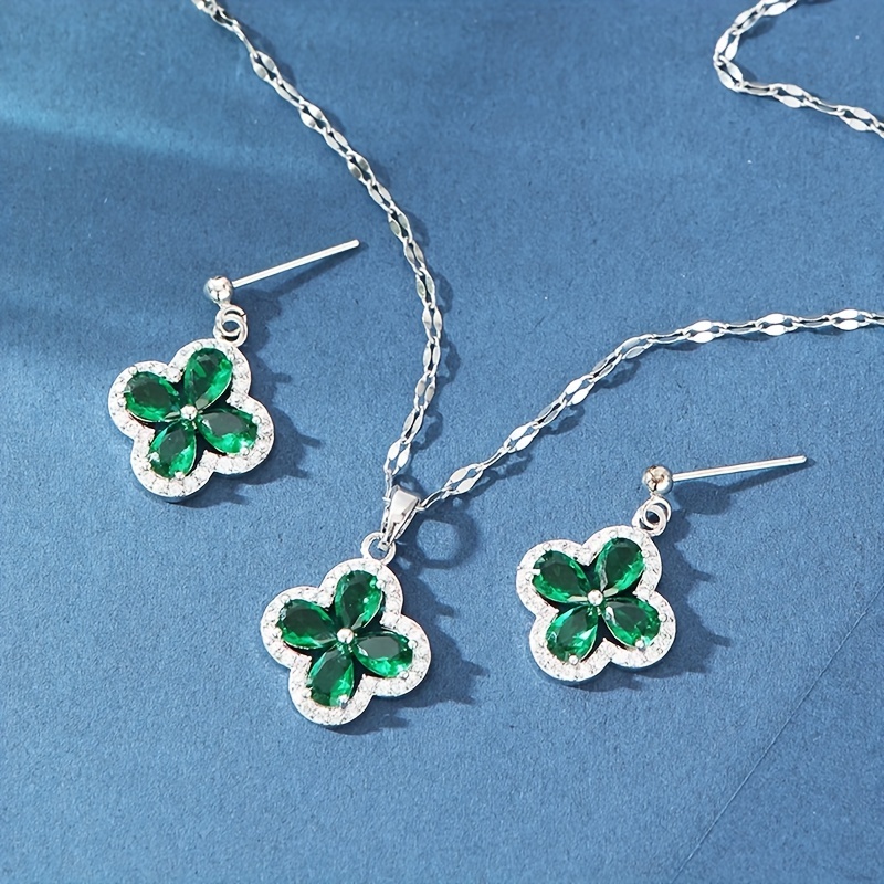 4pcs Luxury & Exquisite Emerald & Crystal Necklace, Earrings, Ring Set,  Suitable For Banquet, Evening Dress Accessories