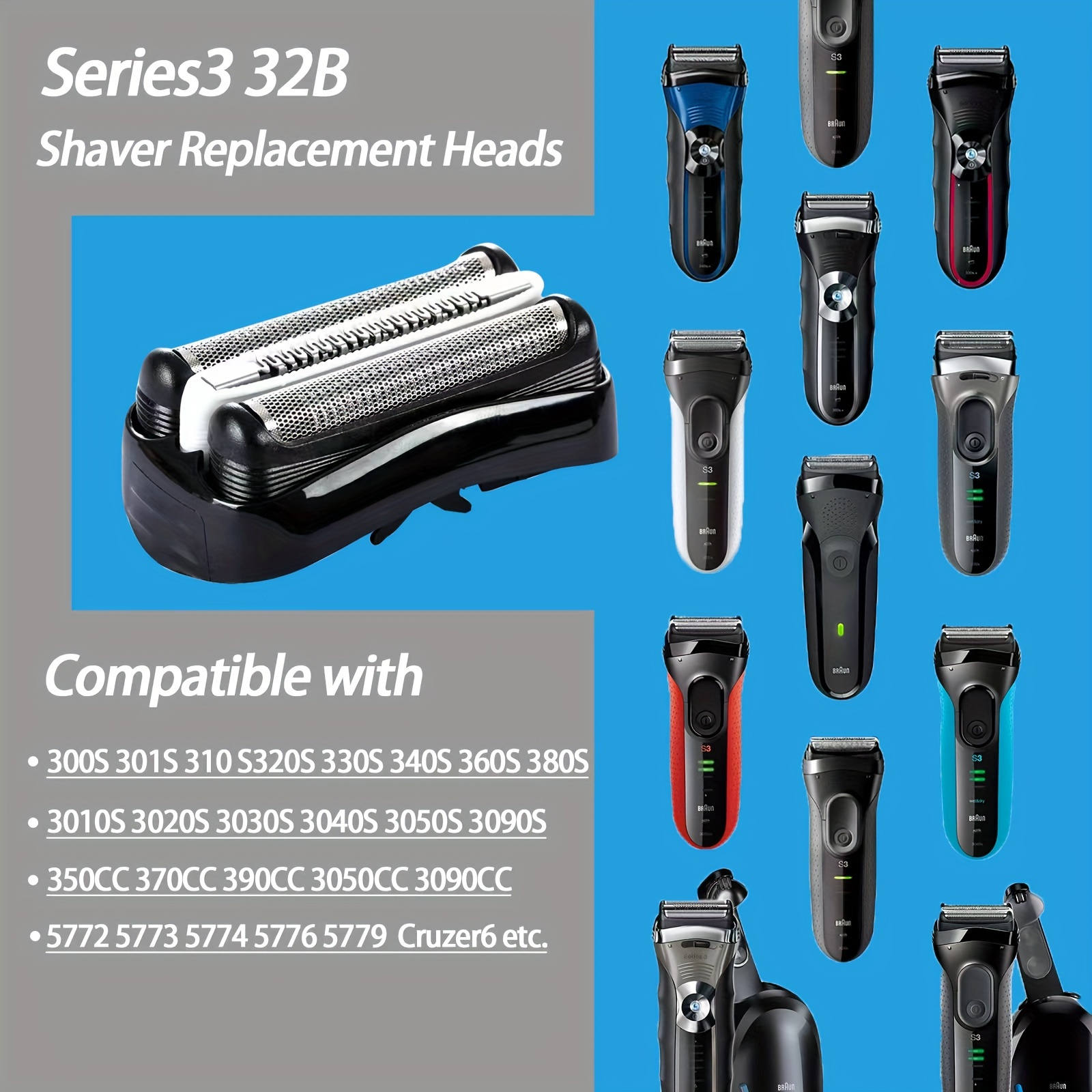 3 Series 32B Shaver Replacement Head Fit for Braun Series 3 Electric Razor,  32B Foil&Cutter Replacement Head Blades for Series 3 32B Shaving Head for