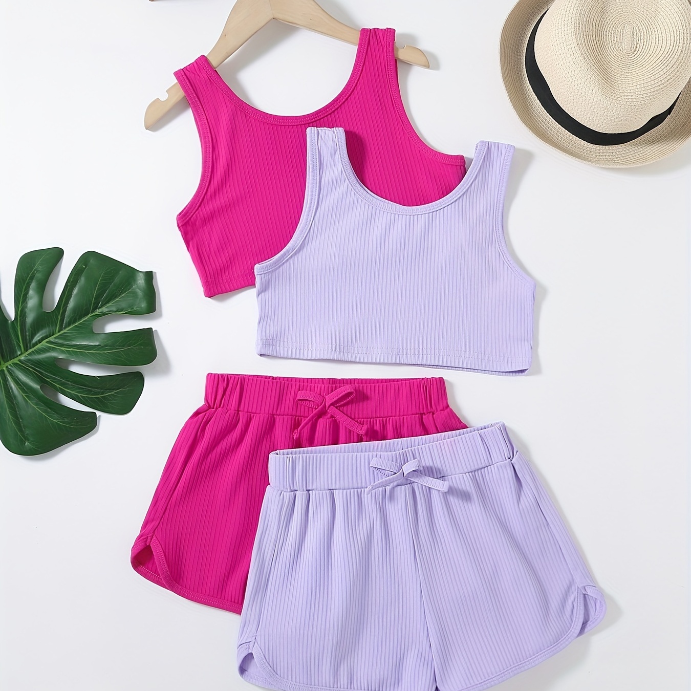 

2sets Girls Ribbed Knit Tank Crop Tops & Bow Track Shorts Casual Sports Set Kid's Summer Clothes