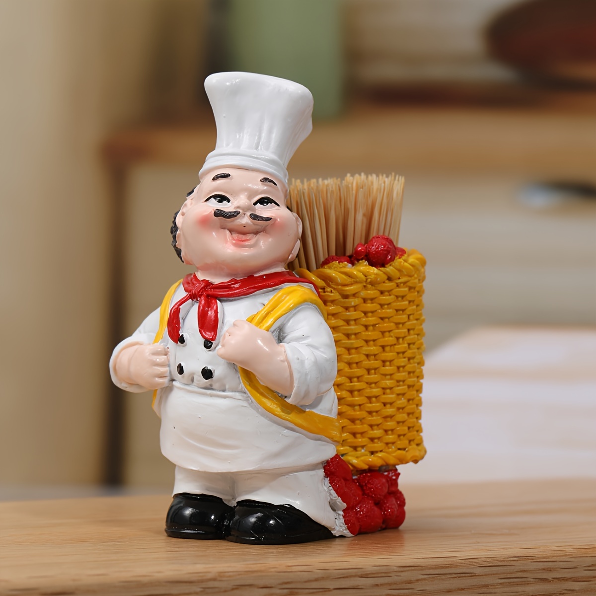 

1pc, Chef Toothpick Holder With Wicker Basket, Resin Kitchen Decor, Table Accessory, Home Decor, Restaurant Decor