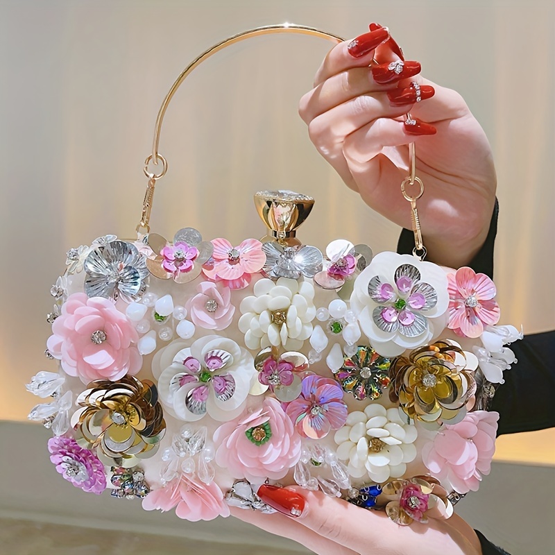 3d Beaded Flower Evening Bag Elegant Box Clutch Purse - Temu