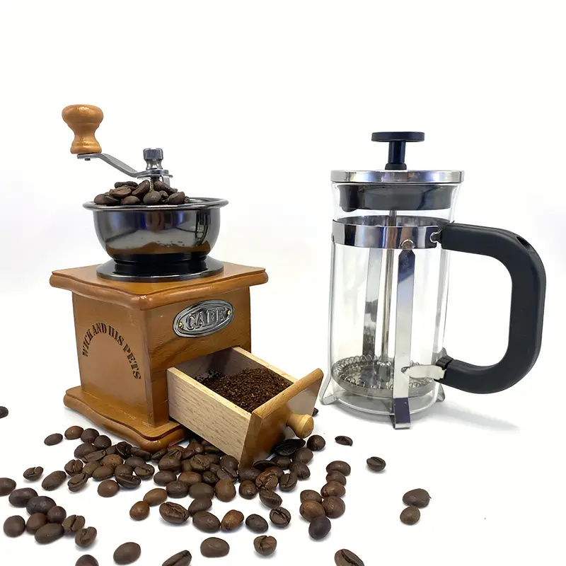 French Press Manual Coffee Grinder Bonus Brush Elegantly Boxed Or Gifting  Or Personal Use Portable With Classic Wooden Aesthetics And Original Design  Perfect For Coffee Lovers Suitable For Various Occasion Season 