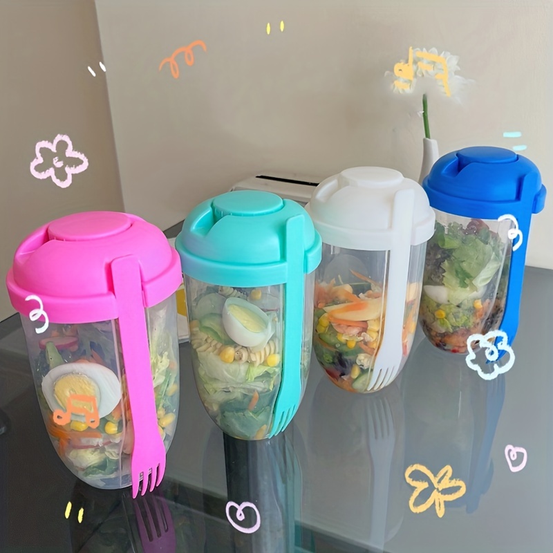 1pc Creative Plastic Salad Cup With Fork, Dressing Container And Mason Jar,  Portable Fruit Vegetables Snack Cup For Students On The Go