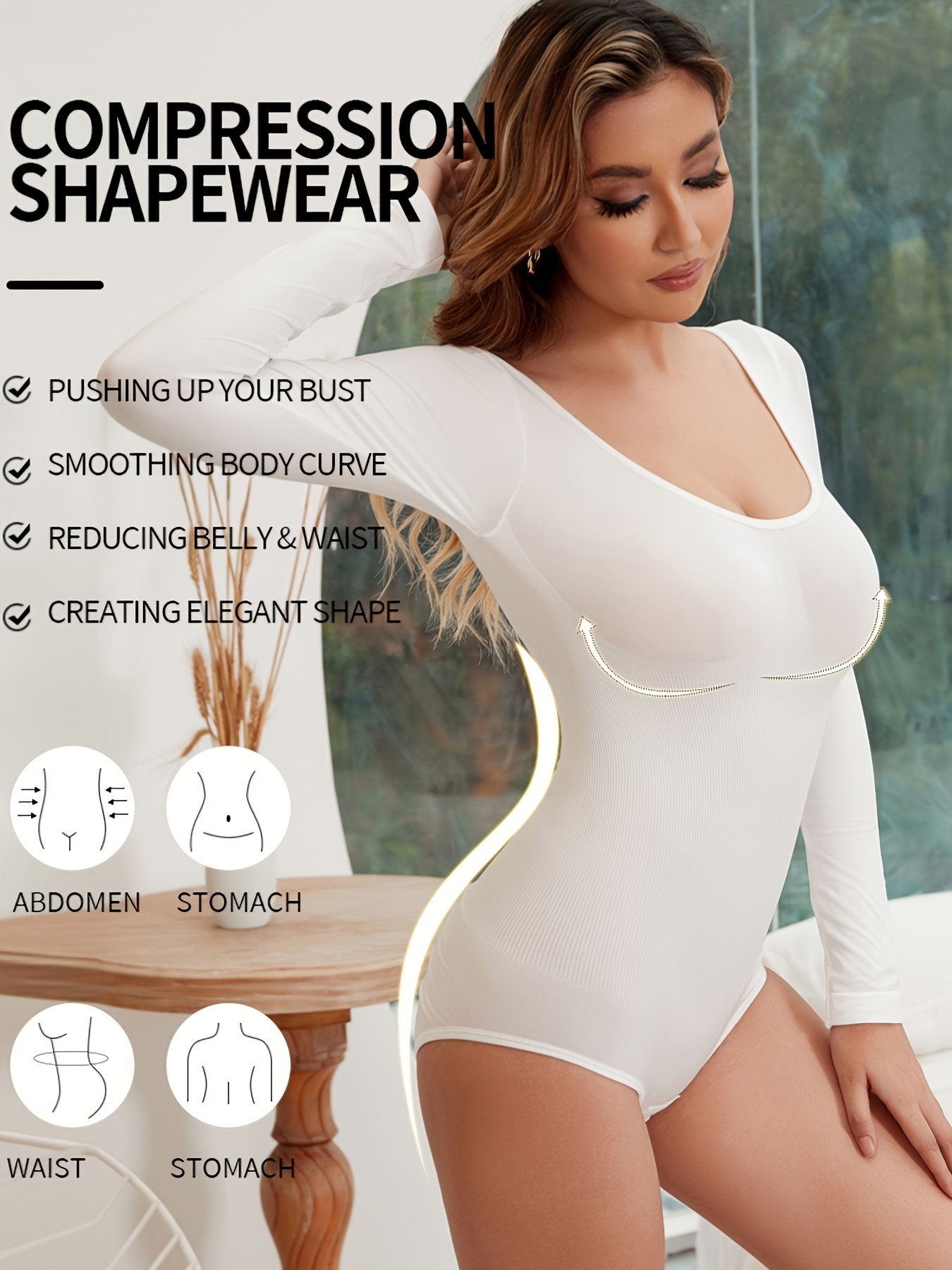 Bodysuit for Women Tummy Control Square Long Sleeve Thong Body