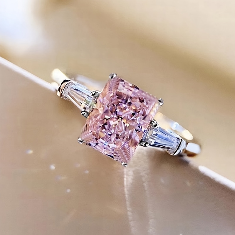 Square Pink Zircon Ring, Size 5-10
