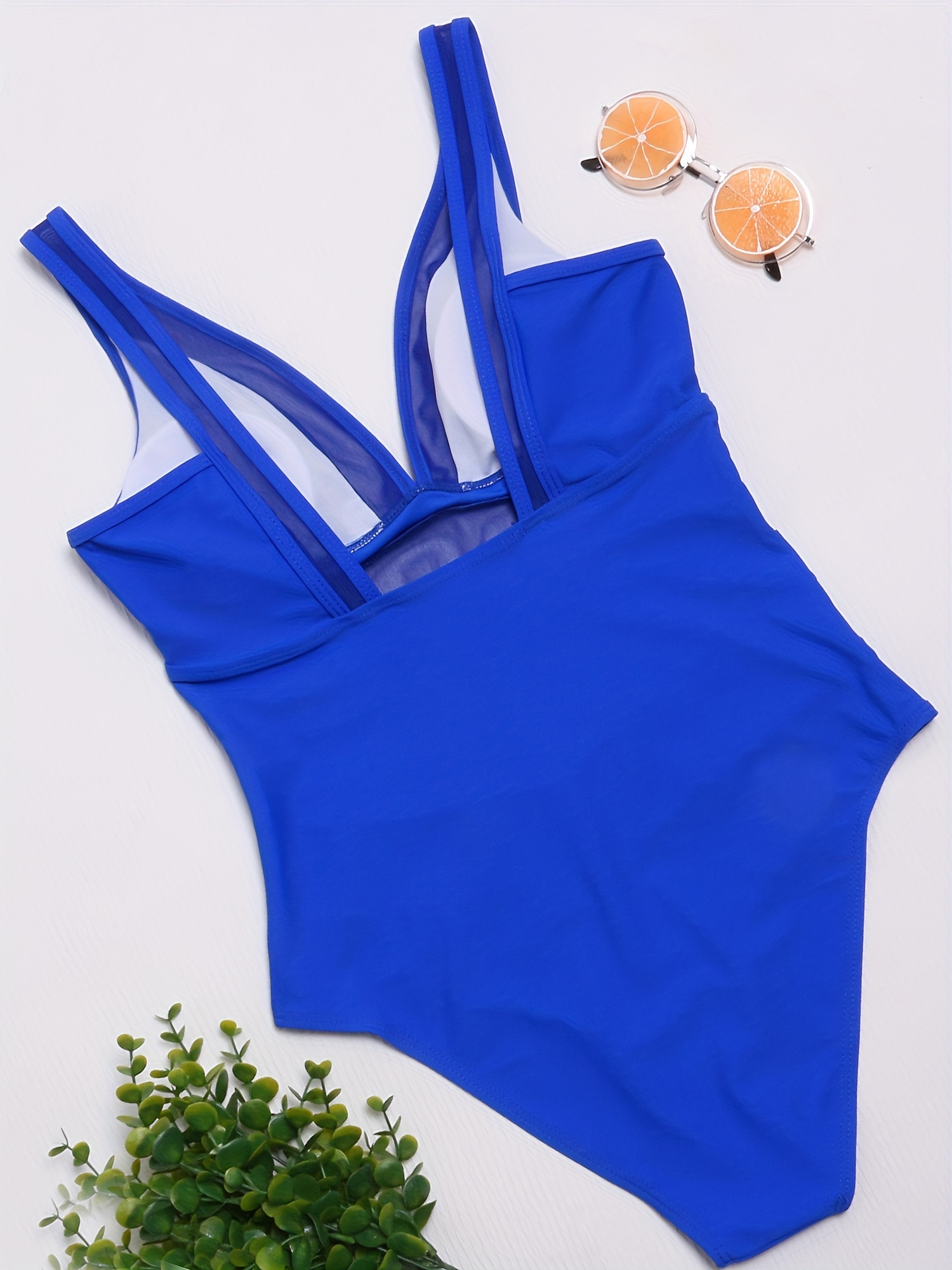 Womens One Piece Swimsuits Tummy Control Bathing Suits High Neck Mesh Swimsuit  Swimwear, Blue, Xl