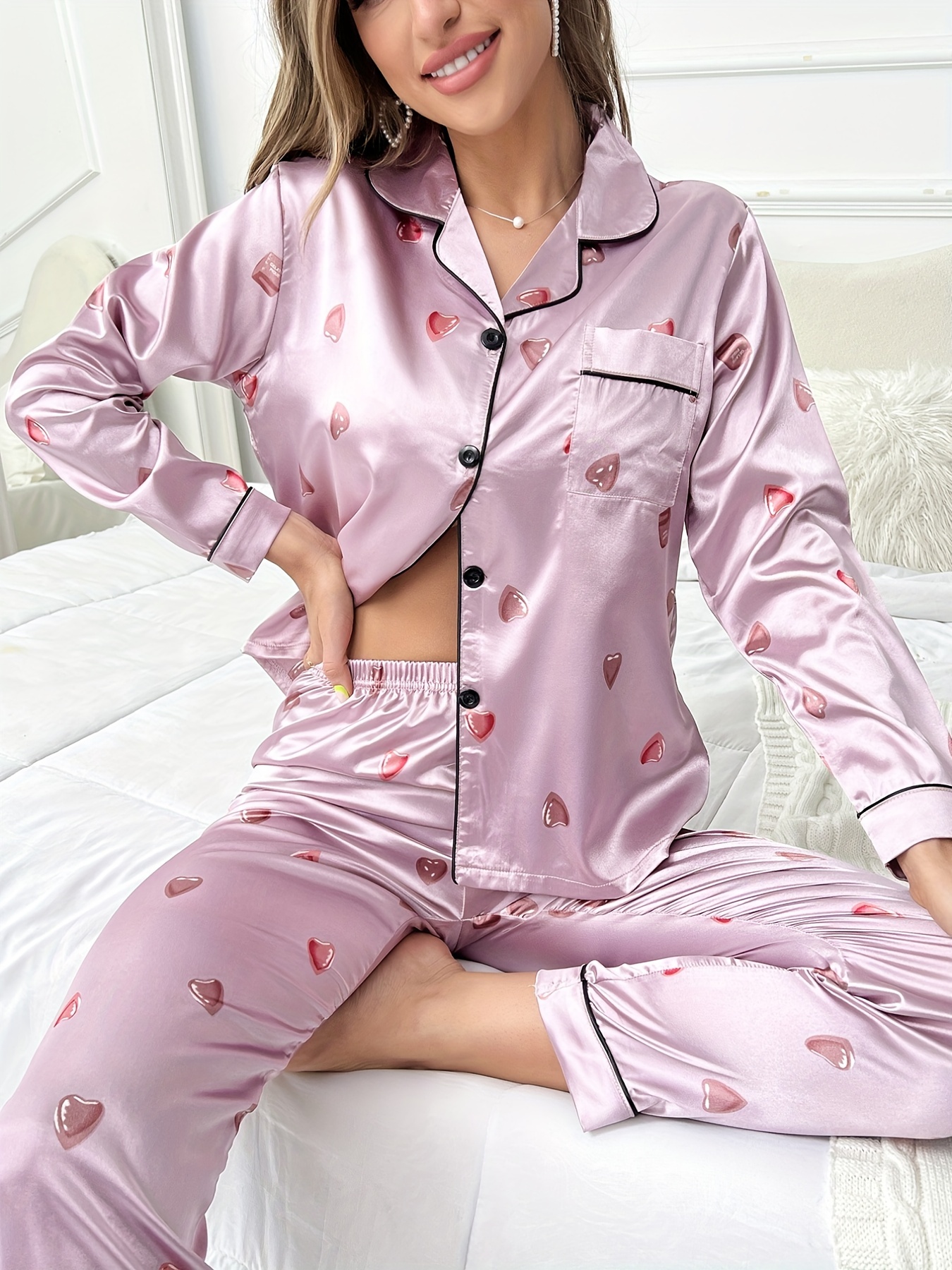 Cute Star Print Pajama Long Sleeve Button Top Pants Pj Set - Temu