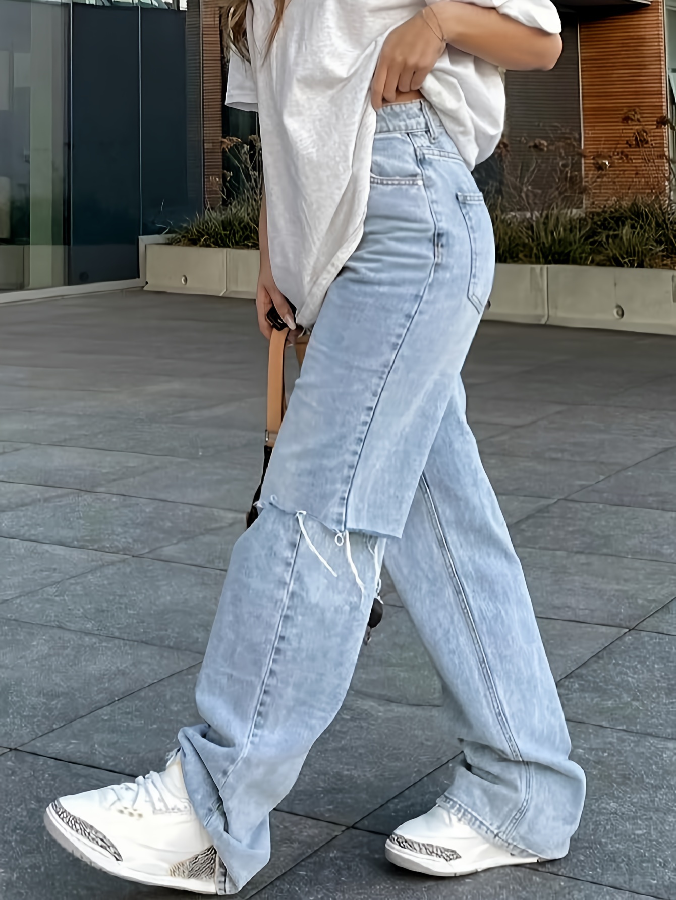 Ripped Holes Casual Baggy Jeans Loose Fit High Waist Wide - Temu