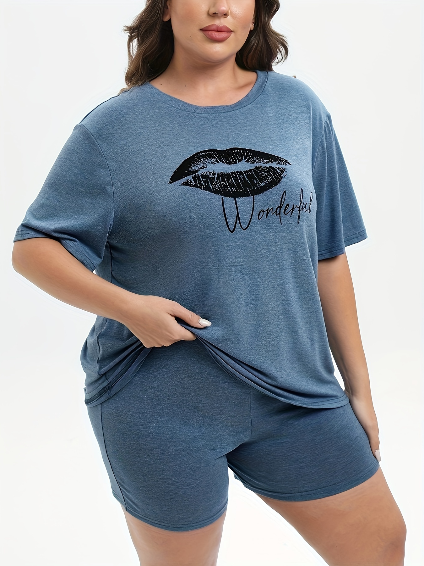 Kiss & Letter Print Tee & Biker Shorts Pajama Set