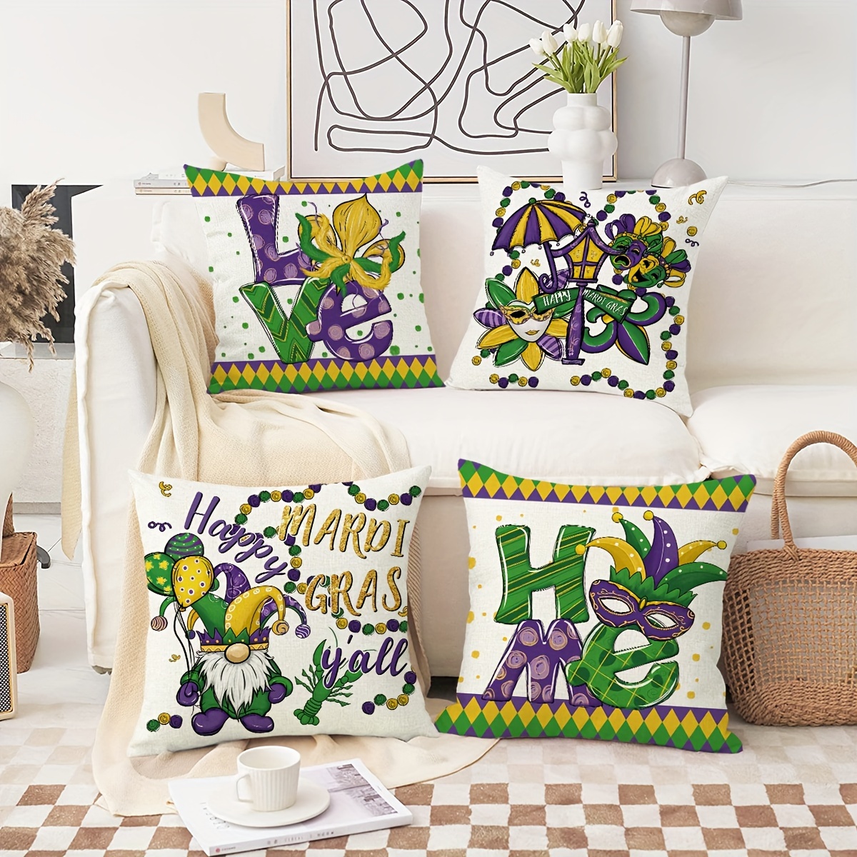 Mardi Gras Throw Pillow Covers, Mardi Gras Gnome Fleur De Lis