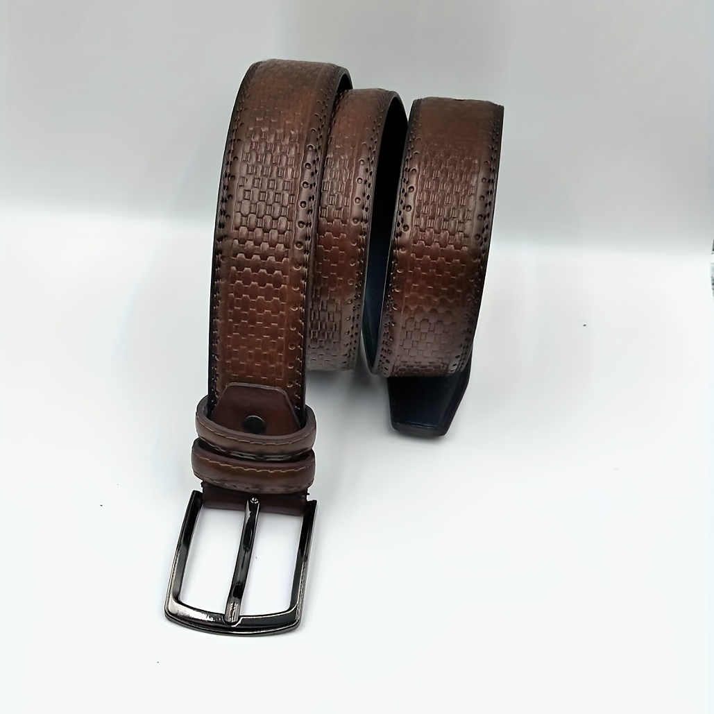 Men's Checkered Pattern Genuine Leather Belt, Alloy Pin Buckle