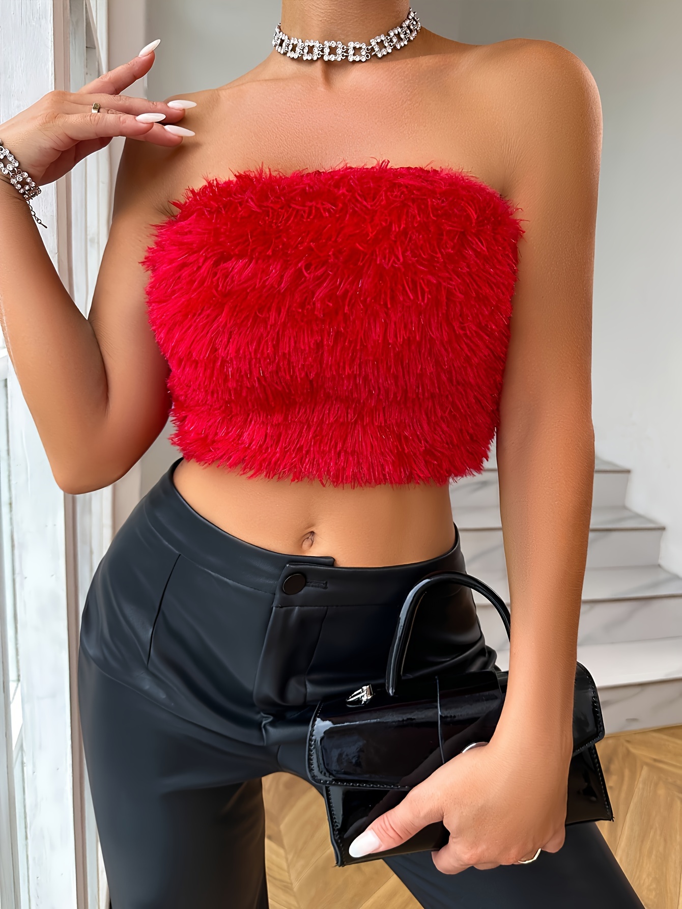Sexy Backless Fur Crop Tube Top Casual Solid Sleeveless - Temu