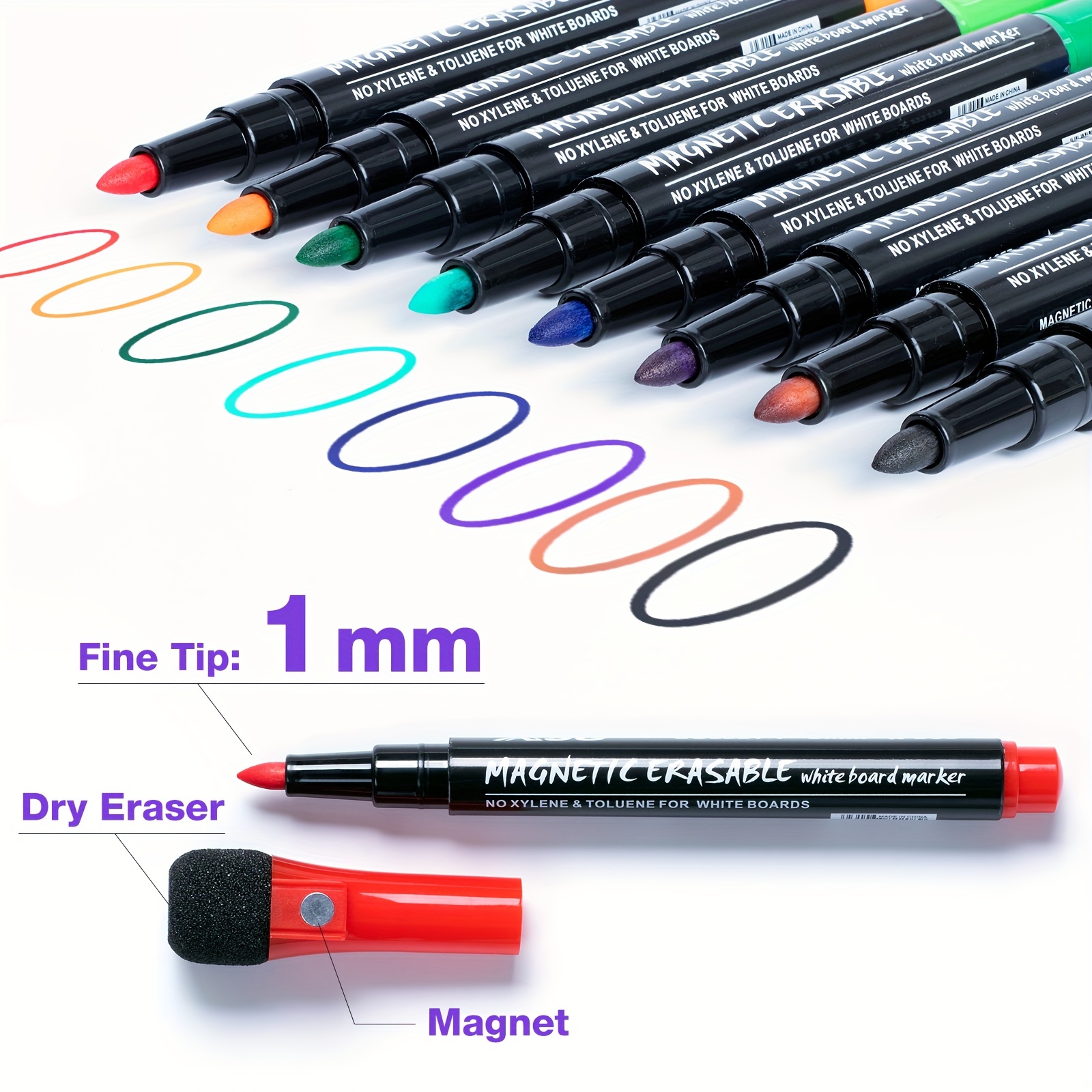  Magnetic Dry Erase Markers Fine Point Tip, 12 Colors White  Board Marker with Eraser Cap, Low Odor Whiteboard Thin for Kids Teachers  Office School Supplies : Office Products