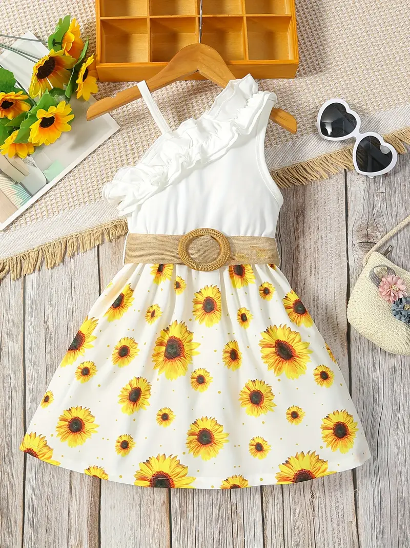 toddler girls asymmetrical neck ruffle trim one shoulder sunflower graphic belted princess dress for party beach vacation kids summer clothes details 24