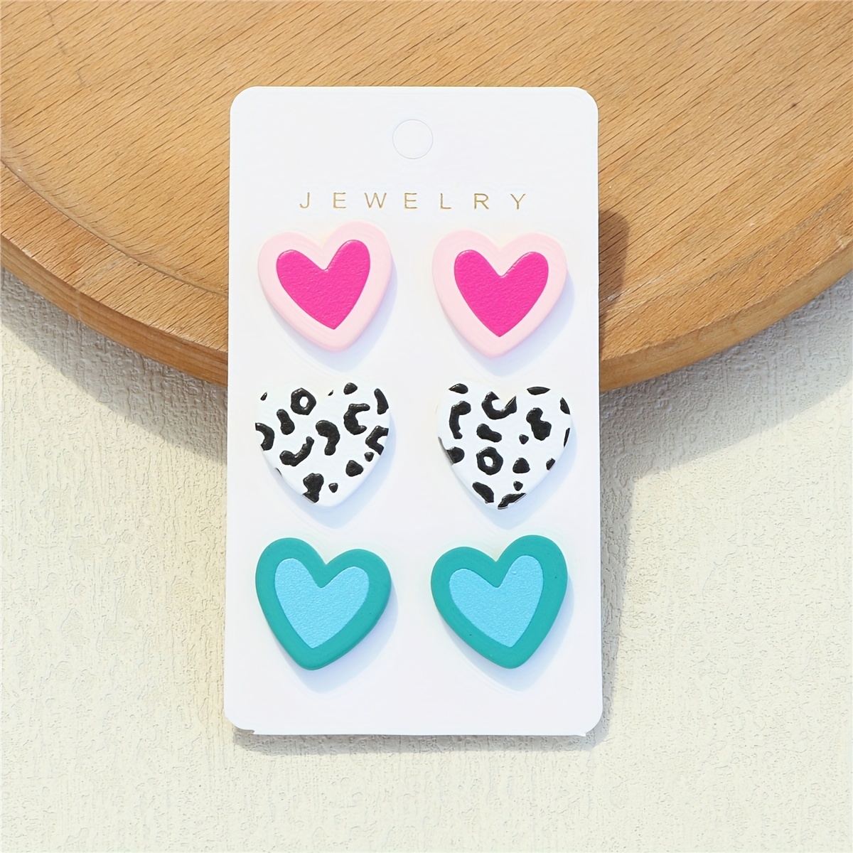 

3 Pairs/ Set Heart Shape Cow Pattern Stud Earrings Set Sexy Cute Style Polymer Clay Texture Daily Wear Accessories Gift For Lovers Valenitne's Day
