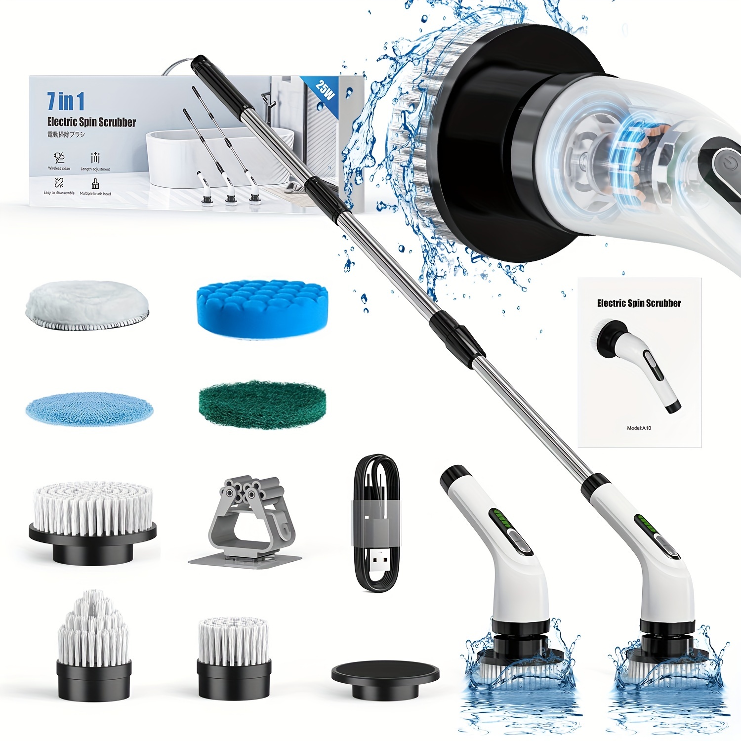 Set: Electric Spin Scrubber, Long-handled Shower Scrubber, Bathtub & Tile  Scrubber With 6 Replaceable Brush Heads; 90-120 Mins Operation Time Full  Floor Bathroom Scrubber; 240/320rpm Cordless Electric Scrubber; Includes  Usb-c Charging Cable