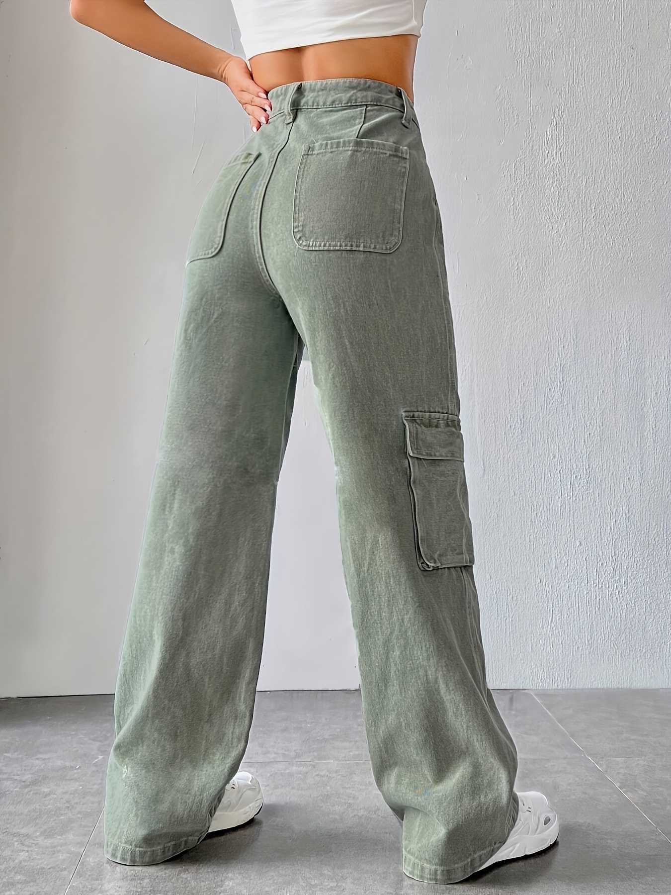 Army Green Cargo Pants Flap Pockets High Waist Loose Fit Non