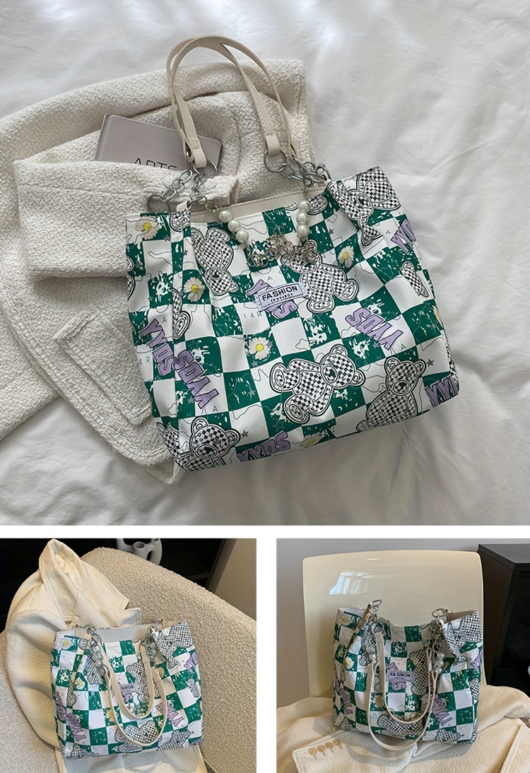 Checkered Shoulder Bag, Bag Cotton Checkered, Checkered Tote Bag
