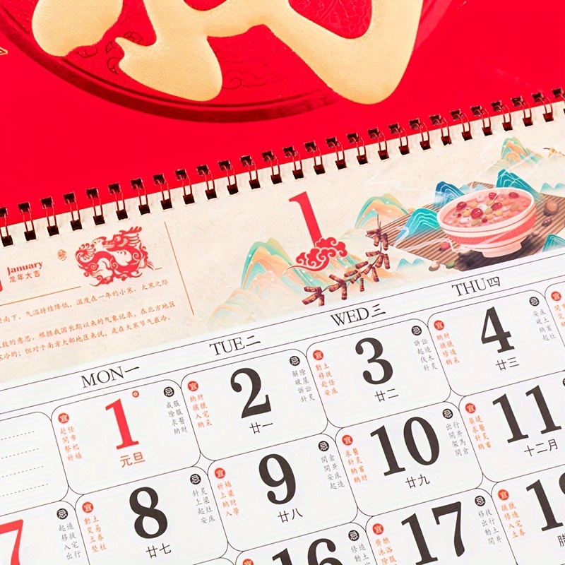 Calendrier mural du Nouvel An chinois 2024 – Calendriers luna-ires à  défilement mural chinois pour l'année du dragon, calendrier du zodiaque à
