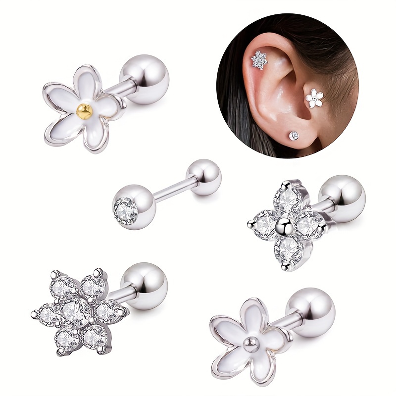 

1pc Flower Stud Earrings For Women Cartilage Ear Piercing Zircon Stainless Steel Tragus Helix Studs Jewelry 16g