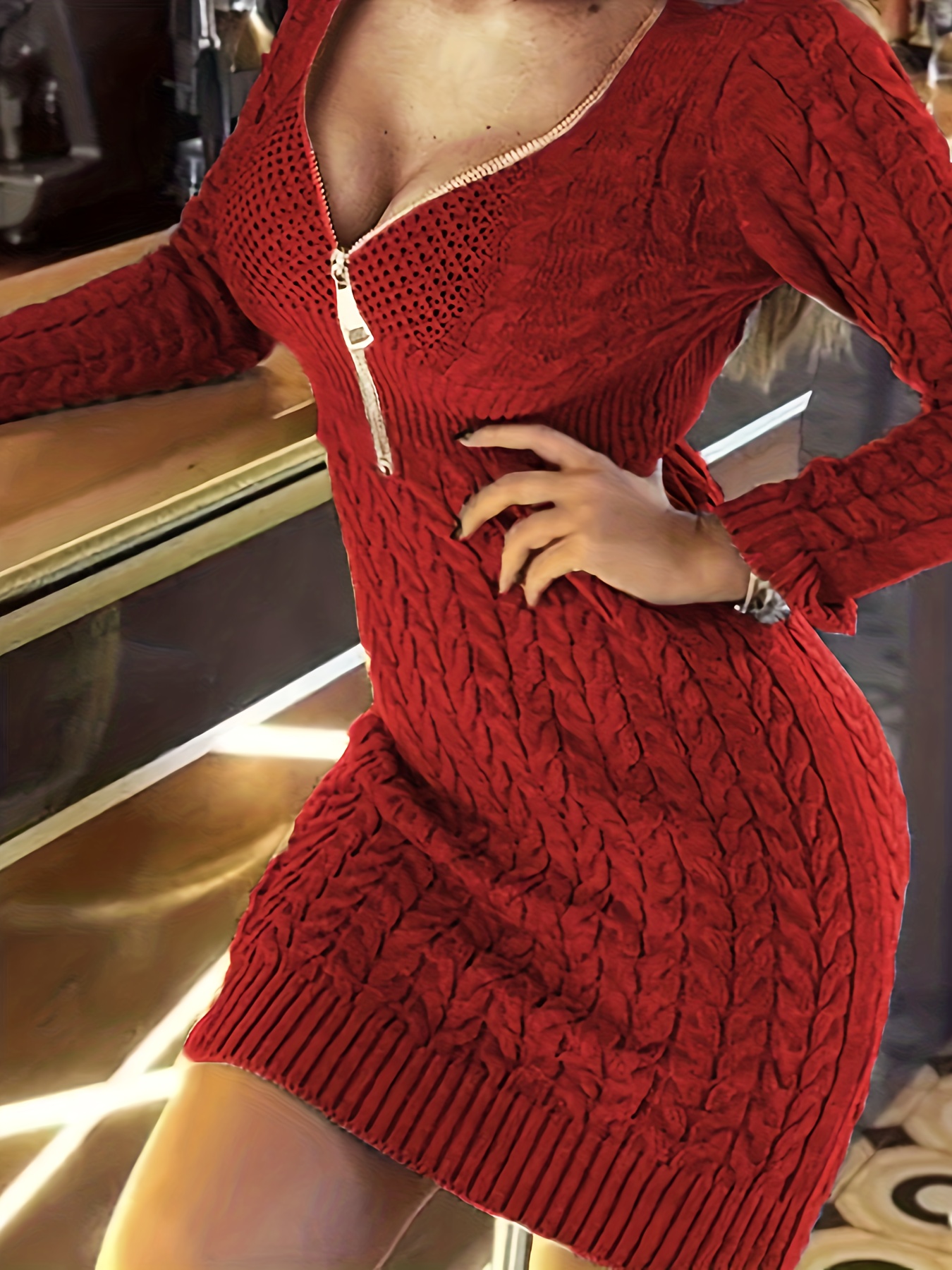 Cable Knit Sweater Dress, Casual Solid Long Sleeve Dress, Women's Clothing  - Temu