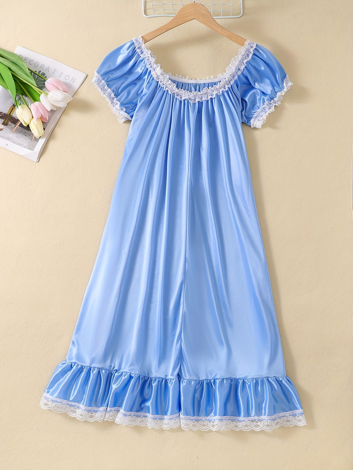 womens semi sheer lace trim short sleeve nightdress dress - Temu