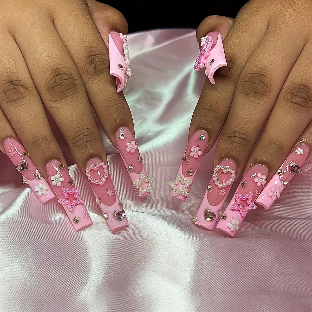 Long Coffin Fake Nails with 3D Rhinestones Pink French DIY Artificial Nail  Tips