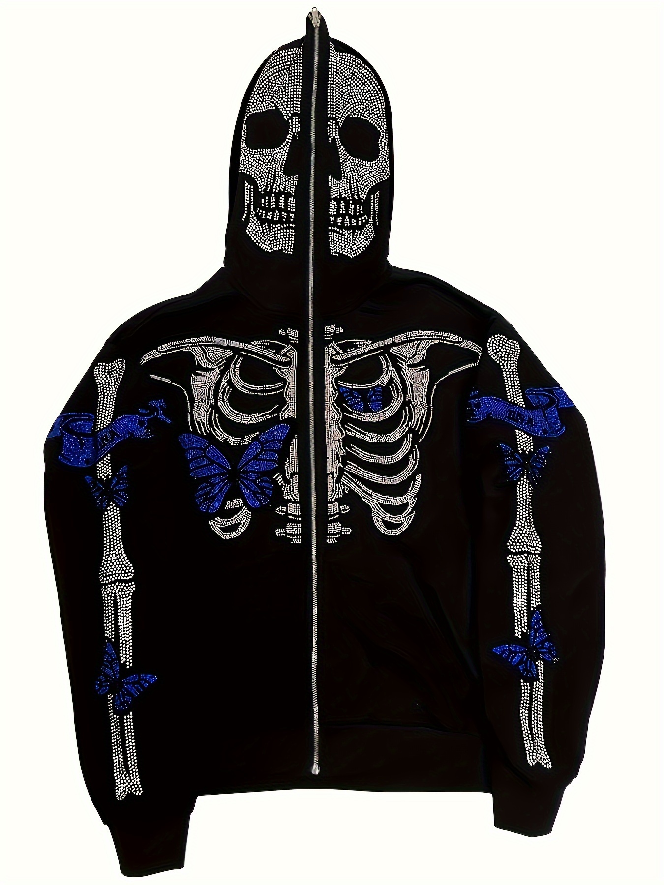 Fashion Hoodie Skull Rhinestone Zip Up Hoodie Men Women Oversized