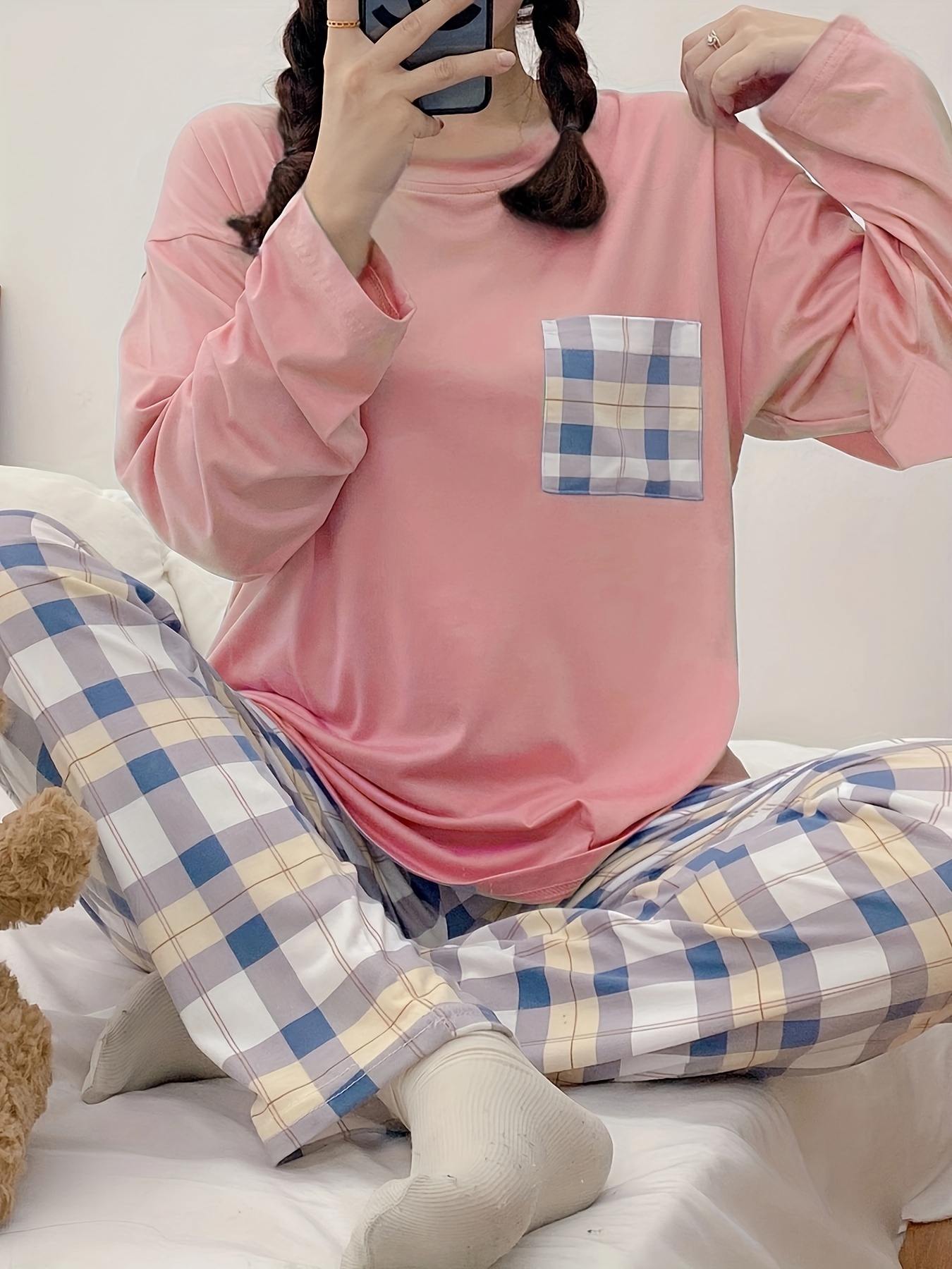 colorblock plaid pajama set long sleeve crew neck top elastic waistband pants womens sleepwear loungewear