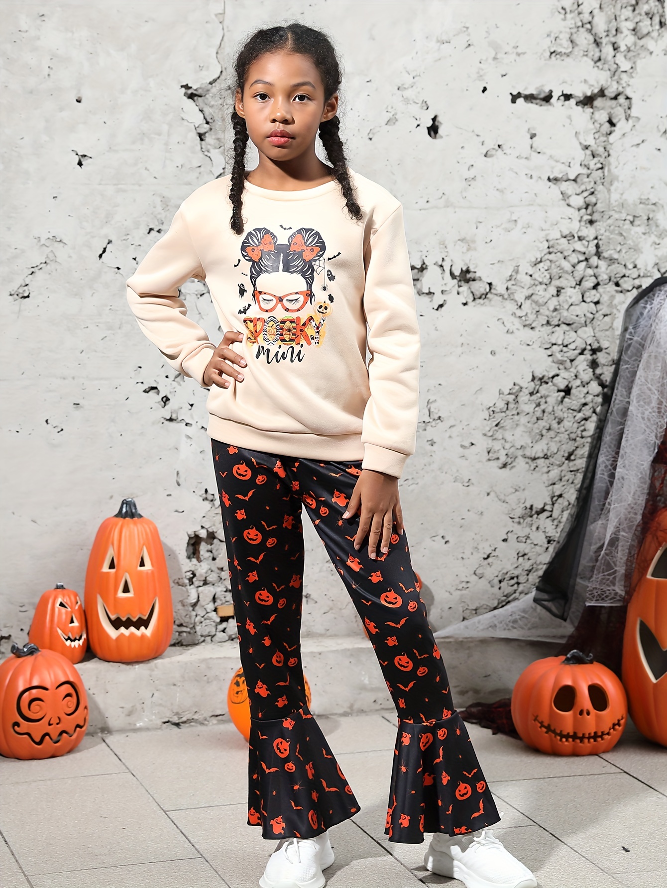 Girl's SPOOKY MINI Print Halloween Set, Sweatshirt & Flared Pants, Kid's  Dress Up Outfits For Christmas Halloween Party Birthday Performance, As Gift