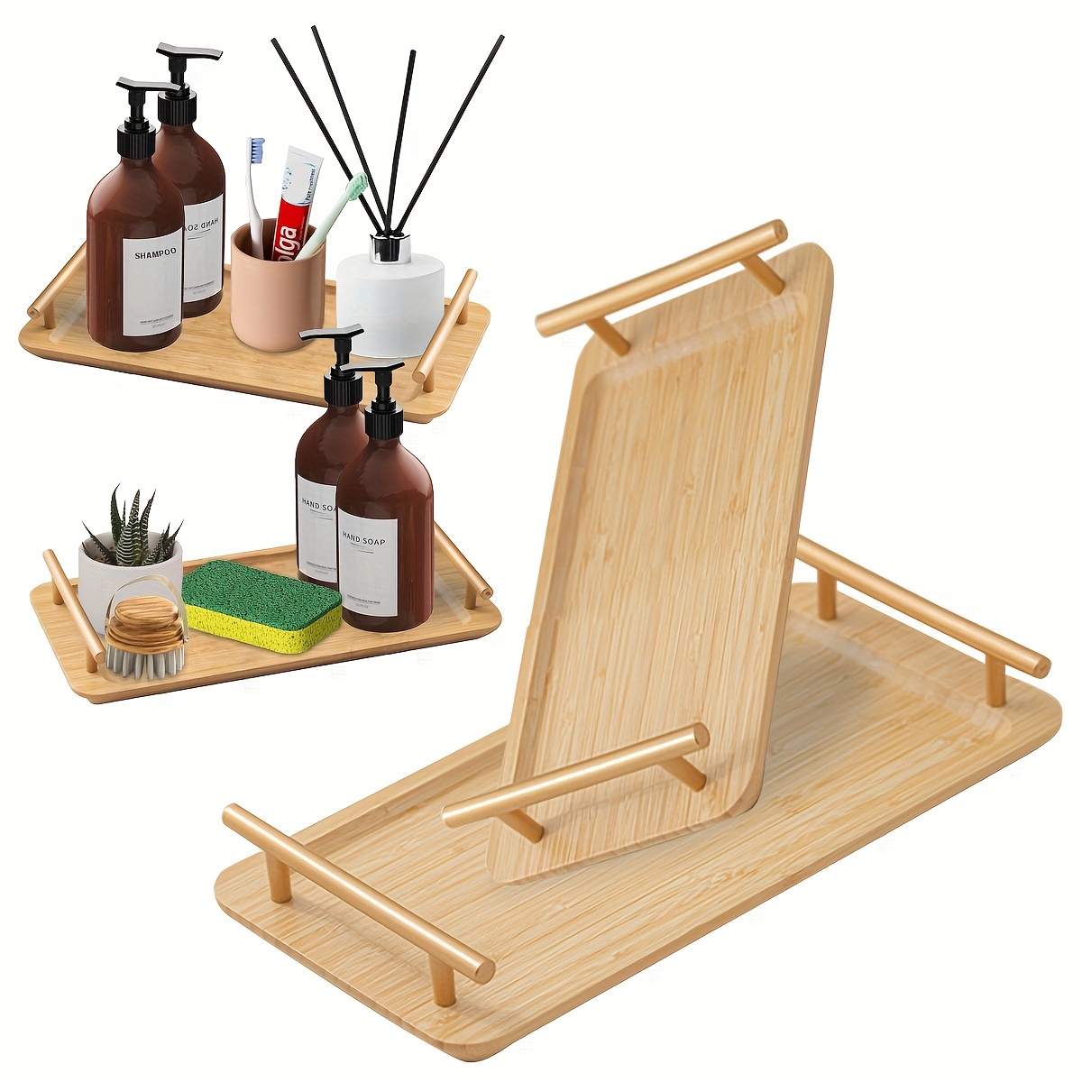 Bamboo Wood Tray Soap Dispenser Tray Sink Tray 2 Bottle Tray