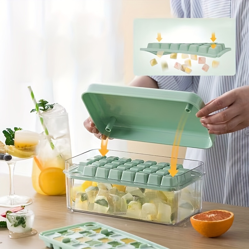 Home Ice Cube Tray with Lid and Bin Freezer Stackable Spill-Proof Ice Cube  Mold